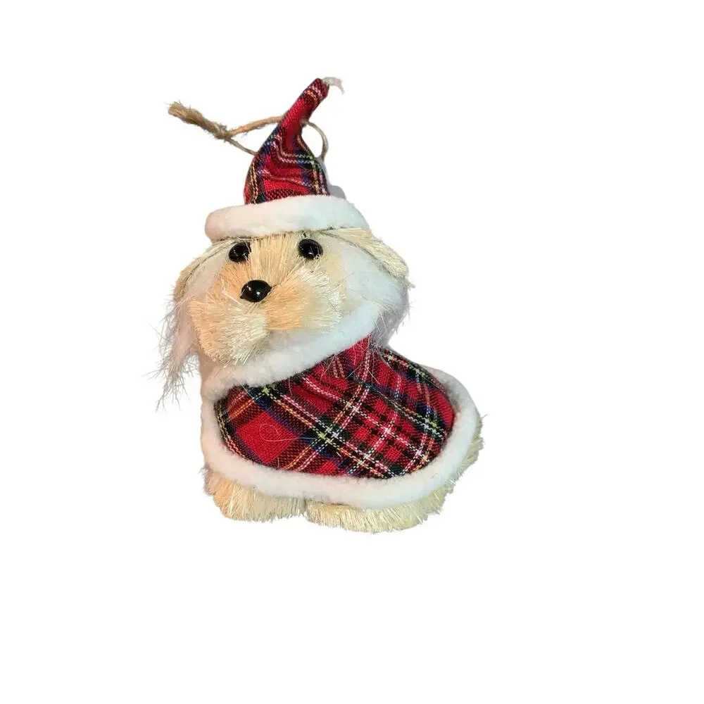 Pier 1 Imports Sisal Dog Christmas Tree Ornaments Set of 3 Santa Hat Plaid 5.5